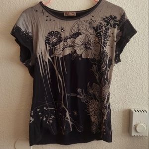Vintage Y2k flower gem baby tee black & gray Size M